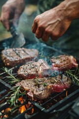 Wall Mural - Person grilling steaks, perfect for food industry promotions