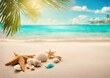 Banner sunny tropical beach with turquoise water, summer holidays vacation background, seashells in sand, palm tree on the beach