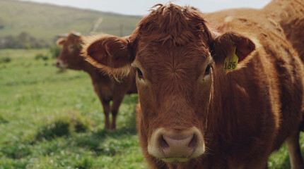 Wall Mural - Nature, farm and cows in countryside, grass and outdoor in spring, portrait and agriculture in environment. Animal, livestock and field for grazing, sustainability and land for cattle and dairy