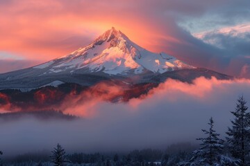 Wall Mural - Mount Hood Sunrise: Early Morning Red & Orange Dawn over Snowy Mountain