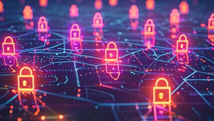 A computer screen showcasing numerous padlocks, symbolizing security and protection, Graphic concept of network encryption in a clean design