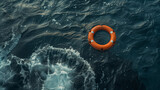 Fototapeta  - lifebuoy on the sea, life buoy on the sea, Life buoy or rescue buoy floating on sea to rescue people from drowning man, Lifebuoy floating at sea, Lifebuoy in a stormy blue sea, Ai generated