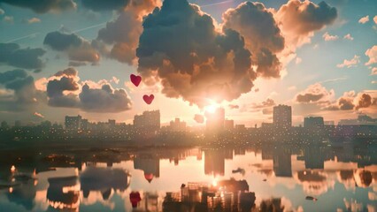 Sticker - A heart-shaped cloud floats gracefully above a bustling city as the sun sets in a vibrant display of colors, Heart-shaped clouds floating over a serene cityscape