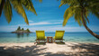 Deux transat verts sur une plage paradisiaque. Sable fin, eau bleu turquoise, palmier, ciel bleu. Île, vacances, été, voyage. Pour conception et création graphique. 