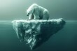 Melting polar ice caps, polar bear on shrinking iceberg, climate crisis visualization