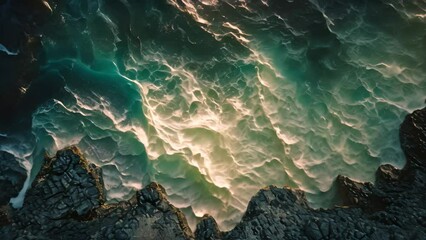 Wall Mural - Aerial View of a Vast Ocean With Rolling Waves, Illuminating aerial portrayal of a sunlit sea contrasted against dark rocks