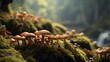 Mushrooms thrive amidst the forest's autumn hues, blending into the natural canvas of brown and green, a macro view of edible fungi in their wild habitat