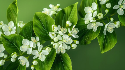 white flowers on a green background.