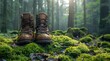 pair of touristic boots resting on moss in a lush forest, symbolizing wilderness exploration