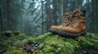 pair of touristic boots resting on moss in a lush forest, symbolizing wilderness exploration