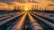 Industrial pipelines at sunset boasting a modern infrastructure. A display of energy and utility networks against a vibrant sky. Captured during golden hour, suitable for business use. AI