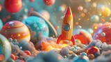 Fototapeta Przestrzenne - A whimsical cartoon rocket launches into a sky filled with vibrant, multicolored bubbles and planets.