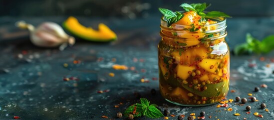 Homemade spicy mango pickle made with raw green mango, salt, red chili powder, oil, and fenugreek seeds. Moody background with copy space.