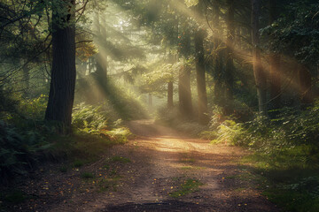 Wall Mural - A forest path is illuminated by the sun, creating a peaceful