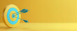 © Denis - Blue arrow aim center business marketing strategy target celebrating success, 3d yellow render copy space banner.