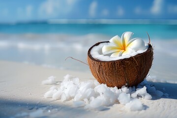 Wall Mural - White flowers are on a beach next to a coconut. The scene is peaceful and relaxing, with the ocean in the background