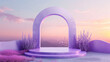 Minimalist podium for product presentation against a sunset lavender field with a circular concrete arch backdrop. Copy space. Generative AI