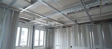 The Installation Process Of Metal Frames For Plasterboard-drywall In Order To Create Gypsum Walls In An Apartment Is Currently Being Carried Out For Construction, Remodeling, Renovation, Extension,