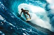 Surfer Riding a majestic Blue Wave in Ocean. Action-Packed Water Sport. Captured with High Texture. Dynamic, Vivid and Exciting. Generative AI