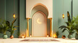 islamic banner background with crescent, lantern and gate in green and gold color. vector illustration, 3D render