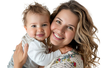 Portrait of mom holding baby with her arms isolated on transparent png background, love moment, newborn sleeping tenderly in arms, cute little infant.