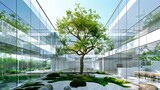 Fototapeta Abstrakcje - Serenity in Modern Design: Lone Tree in a Lush Indoor Garden Amidst Reflective Glass Walls. Perfect Blend of Nature and Architecture. AI