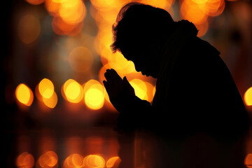 Poster - Christian, praying and silhouette of man in church for worship, spiritual service or gospel in cathedral. Chapel lights, religion and person with faith, belief and hope for prayer, praise or guidance