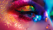 Vibrant eye makeup with multicolored glitter and artistic eyeliner. Generative AI