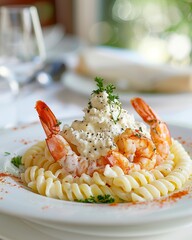 Wall Mural - Macaroni and shrimps with white béchamel cream sauce on top. Gourmet Italian dish with pasta and prawns presented in an elegant way.