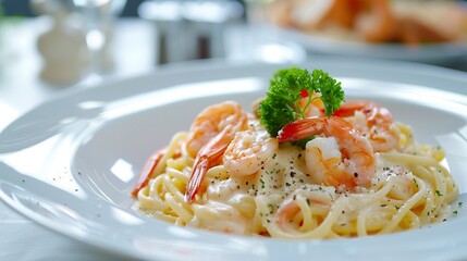 Wall Mural - Macaroni and shrimps with white béchamel cream sauce on top. Gourmet Italian dish with pasta and prawns presented in an elegant way.