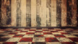 Aged wooden wall and distressed checkered floor interior background. Empty copy space. Generative AI