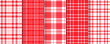Cloth seamless background. Gingham table pattern. Red cloth textile. Kitchen lumberjack tablecloth. Set plaid tartan prints. Picnic napkin backdrop. Checkered buffalo texture. Vector illustration