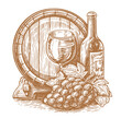 Wine bottle, glass and wooden barrel. Winery, vineyard sketch. Vintage vector illustration