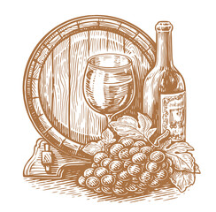 Wall Mural - Wine bottle, glass and wooden barrel. Winery, vineyard sketch. Vintage vector illustration