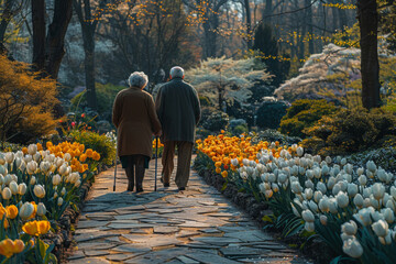 Wall Mural - In the park, a senior couple walks together, embracing life, love, and togetherness in nature.