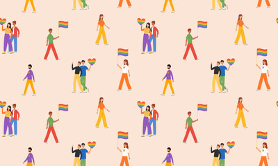 Seamless pattern with different people LGBT community. Gays, lesbians, transsexuals and bisexual celebrating LGBT pride month. LGBTQ pride. Vector illustration in flat style