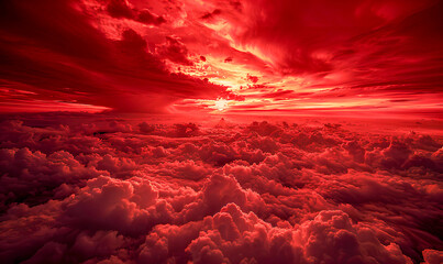 Red sky with clouds. Fiery red sunset background with copy space for design