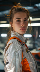 Wall Mural - A woman is wearing a white jacket with orange trim and a ponytail