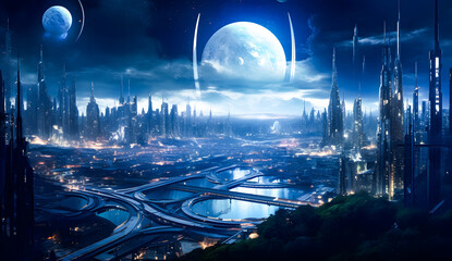 Wall Mural - Futuristic planet landscape with rocky terrain, glowing elements, and multiple planets in the night sky. A sci-fi scene perfect for space exploration and cosmic adventure wallpaper background