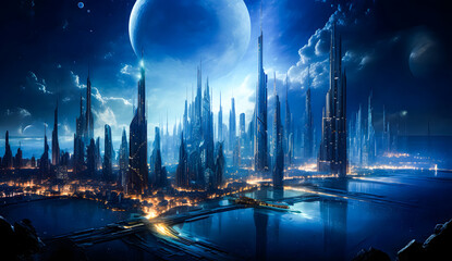 Wall Mural - Futuristic planet landscape with rocky terrain, glowing elements, and multiple planets in the night sky. A sci-fi scene perfect for space exploration and cosmic adventure wallpaper background