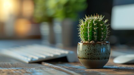 concept computer programing development with keyboard mouse and cactus plant