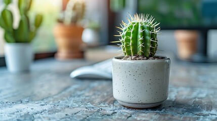 concept computer programing development with keyboard mouse and cactus plant