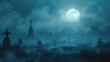 Halloween night background with a spooky graveyard, fog, and a dimly lit full moon