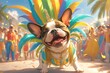 A cute french bulldog dressed in colorful carnival costume, he is dancing samba at the Rio Carnival during carnaval. 