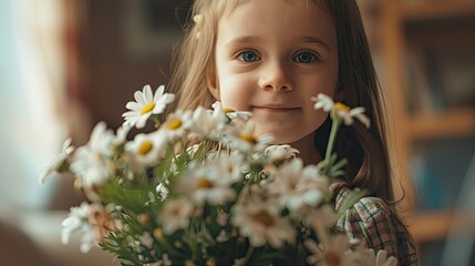 Poster - At home on Mother s Day the adorable little daughter surprises her mom with a bouquet of flowers