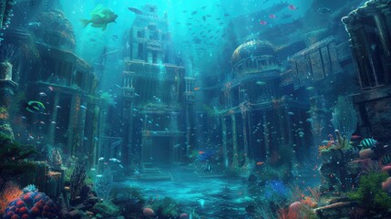 Wall Mural - An underwater city with bioluminescent coral, schools of colorful fish, and ancient ruins, all illuminated by the eerie glow of an underwater volcano. Resplendent.
