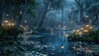 Fireflies at night in a swamp in tropical forest. Fairy landscape with waterlilies, trees and rocks. Modern illustration of wetlands or wild jungle areas with rivers or ponds.
