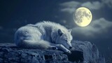 Fototapeta Natura - Arctic wolf sleeps at night on a hill in the moonlight, Canis lupus arctos, Polar wolf or white wolf