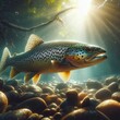 Sunlit Serenity: A Speckled Trout’s Underwater Dance Amidst Vibrant Pebbles in a Clear Stream