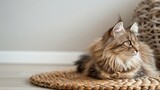 Fototapeta Do akwarium - Fluffy siberian cat sitting on the wicker rug. Beautiful purebred long haired kitty on the hardwood floor in living room. Close up, copy space, white wall background